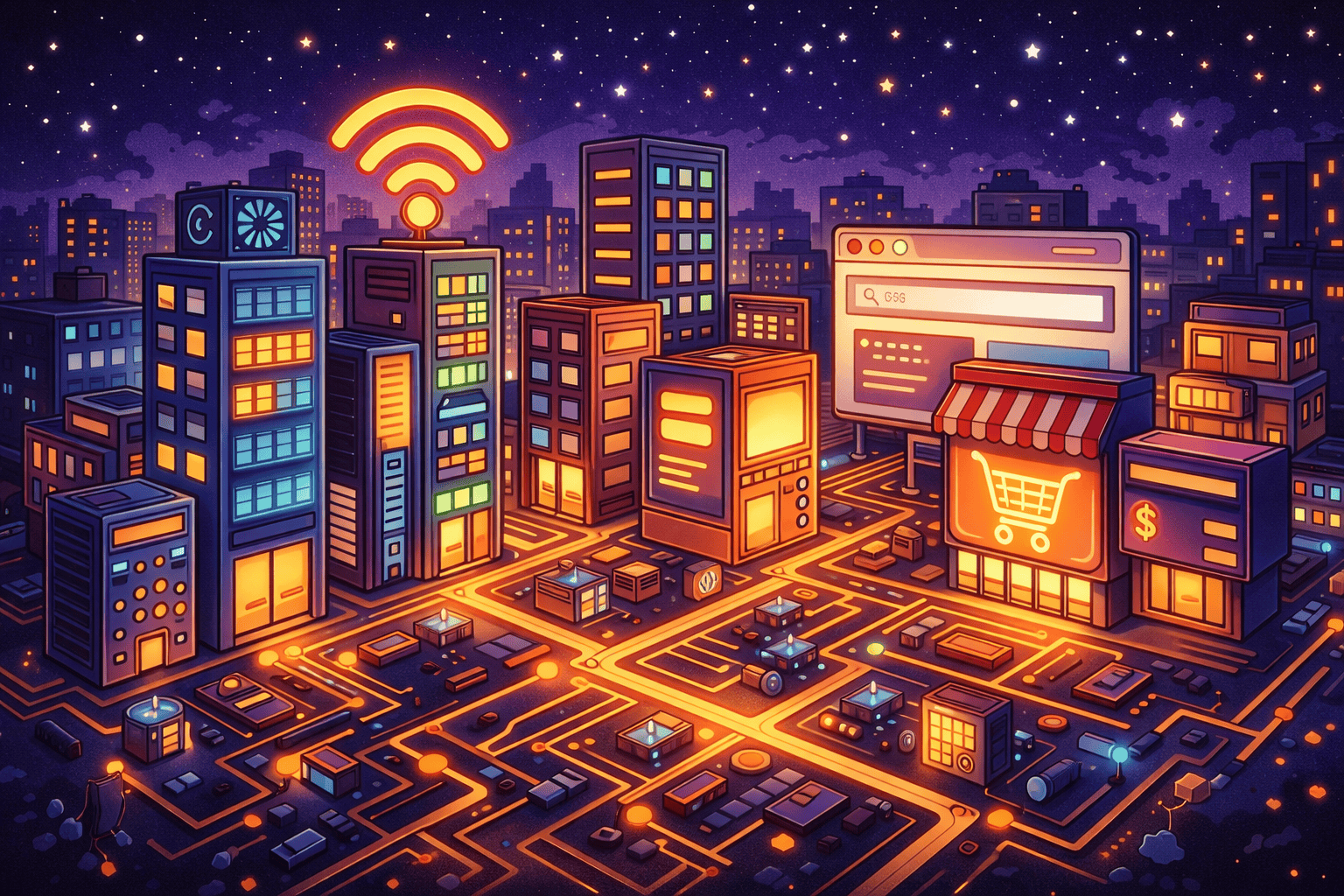 A vibrant and detailed cartoon/old comic book style image of a small, bustling digital cityscape at night. The scene is lively with whimsical, colorful buildings that resemble server towers and computer parts, glowing softly under a starry sky. There are no humans or characters visible. The city streets form a circuit board pattern, radiating a warm, golden light from within, suggesting activity and innovation. The atmosphere conveys a sense of energetic progress and futuristic technology, capturing the essence of high-speed web development. The overall mood is positive and inspiring.