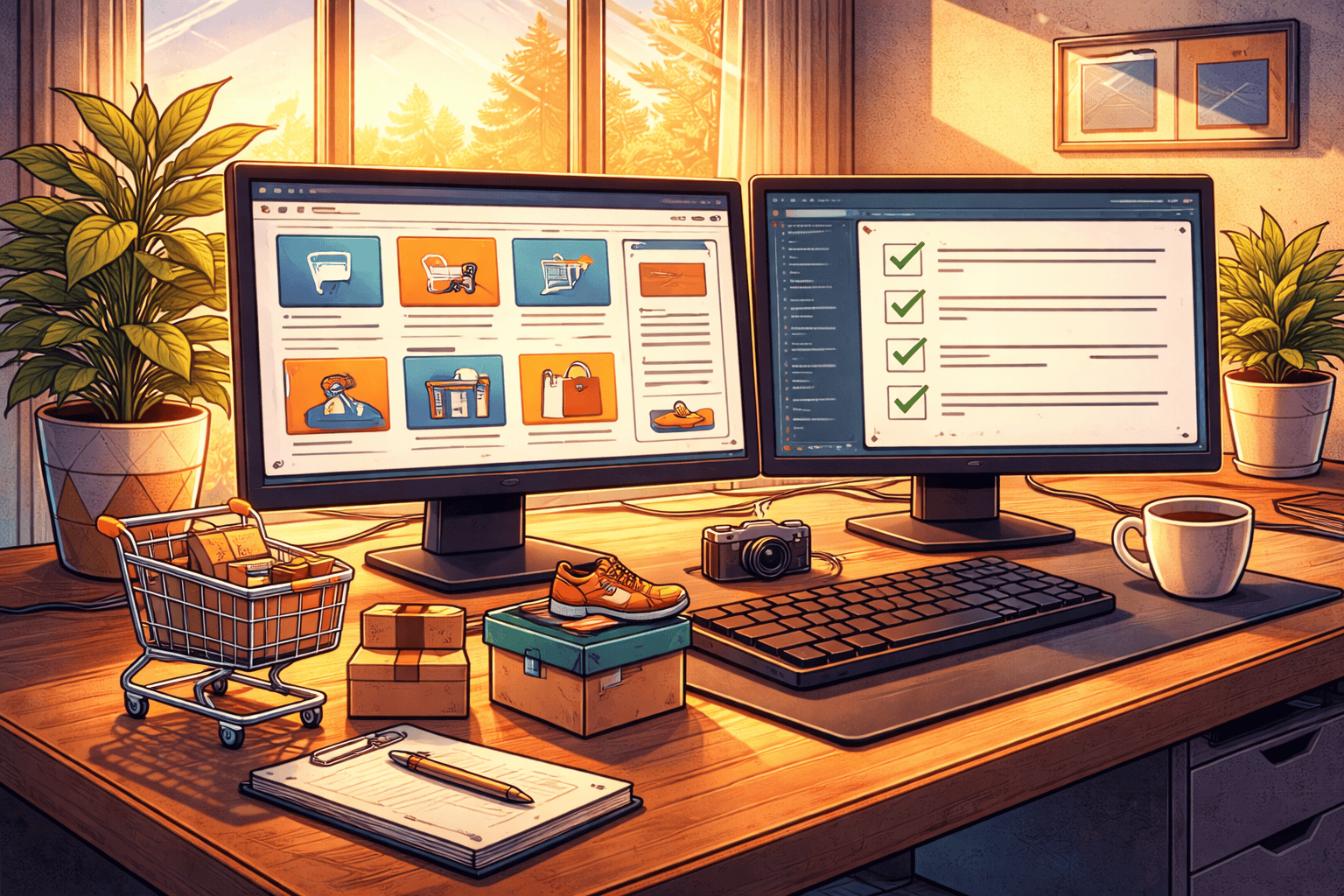 Imagine an image of a brightly colored, cartoon-style designer's desk from an overhead view in an old comic book art style. The desk is cluttered with symbolic items representing software development: a glowing computer screen displaying lines of neat code, a stack of books labeled with various programming languages (like JavaScript, Python), a coffee mug with a playful motif of gears and code brackets, a digital tablet with a stylized pen beside it, and papers with scribbled notes and flowcharts. The walls around the desk are lined with inspirational posters related to coding and innovation, and there's a window through which sunlight streams in, casting dynamic shadows across the room, enhancing the positive, creative atmosphere. No characters, text, or humans are in the image. This setting encapsulates the essence of a modern developer's workspace in a small, cheerful, and colorful comic book style.