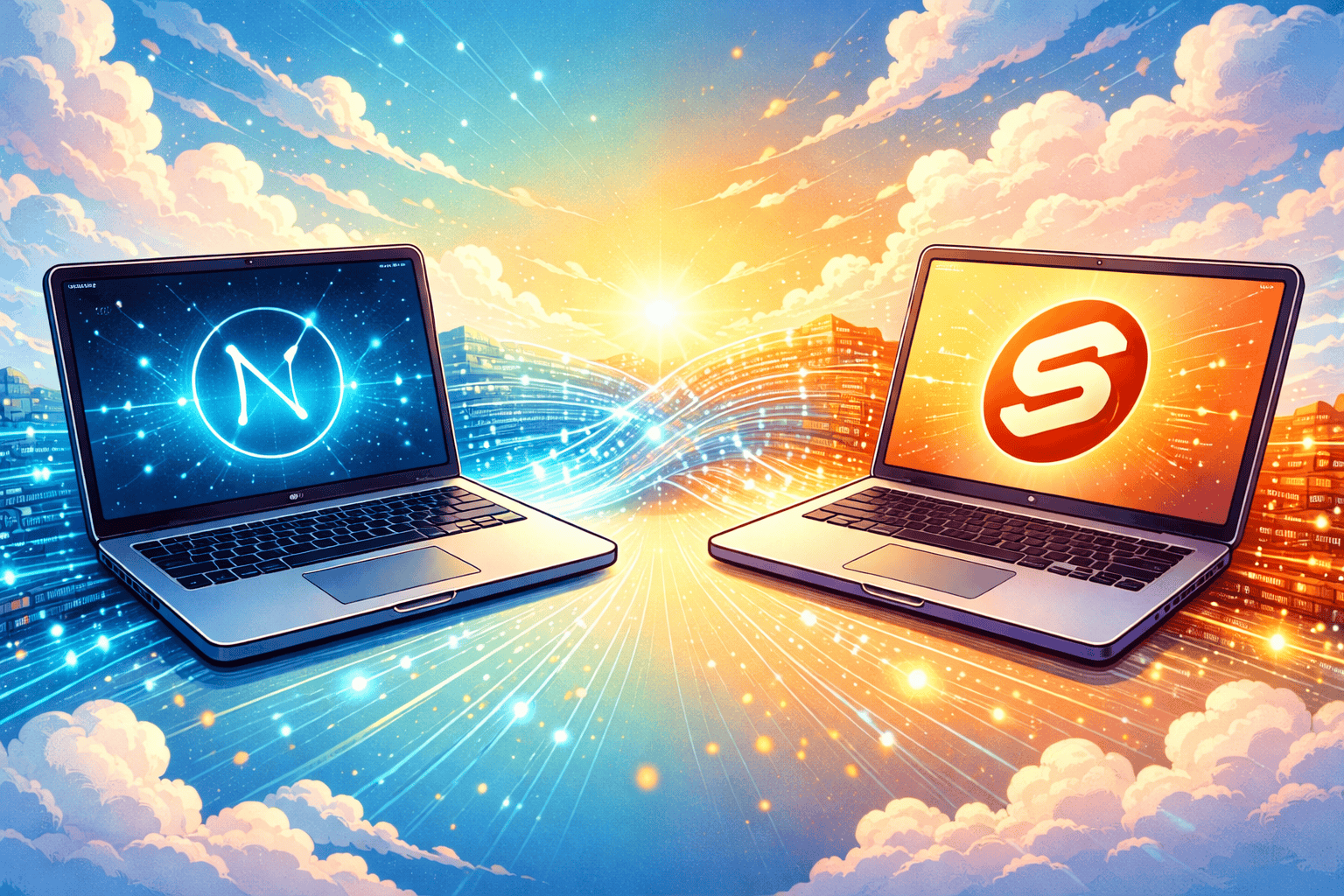 Create an image of two stylized, contrasting laptop computers against a backdrop of a vibrant, sunlit sky. The left laptop, representing Next.js, is sleek and modern with a subtle, glowing outline of its emblem. The right laptop, symbolizing SvelteKit, sports a more minimalistic and ultra-thin design with softer, rounded corners and a gentle illumination of its logo. Between them, a digital bridge made of flowing code strings connects the two, symbolizing integration and compatibility. This scene captures the essence of technology and innovation, executed in a cartoon/old comic book style with bright, cheerful colors to create a positive atmosphere. There should be no characters, text, or humans in the image.