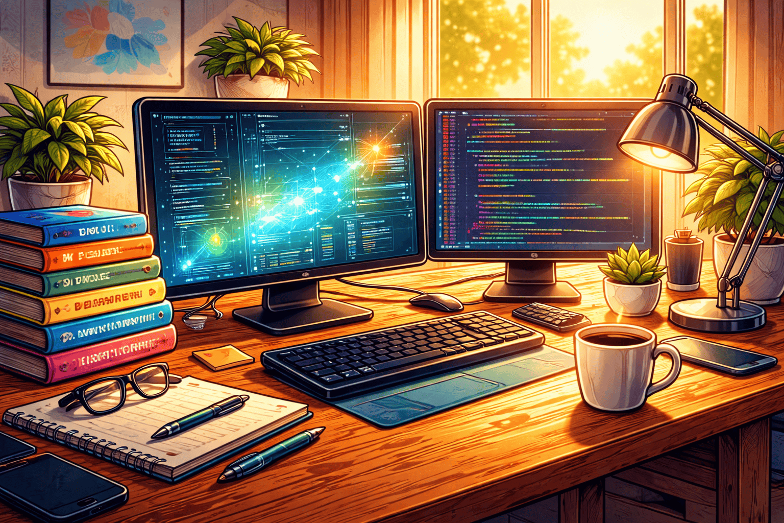An image of a vibrant and colorful workspace, detailed in a cartoon/old comic book style. The scene is filled with a variety of tools typical in a developer's arsenal: a sleek, modern computer with dual monitors, surrounded by neatly stacked books on coding and web design. A classic cup of steaming coffee sits on the desk, casting a gentle shadow. No characters, text, or humans are in the image. The atmosphere emanates productivity and creativity, highlighted by soft, ambient light filtering through a window, suggesting early morning optimism. The colors are bright and engaging, with a positive mood pervading the scene.