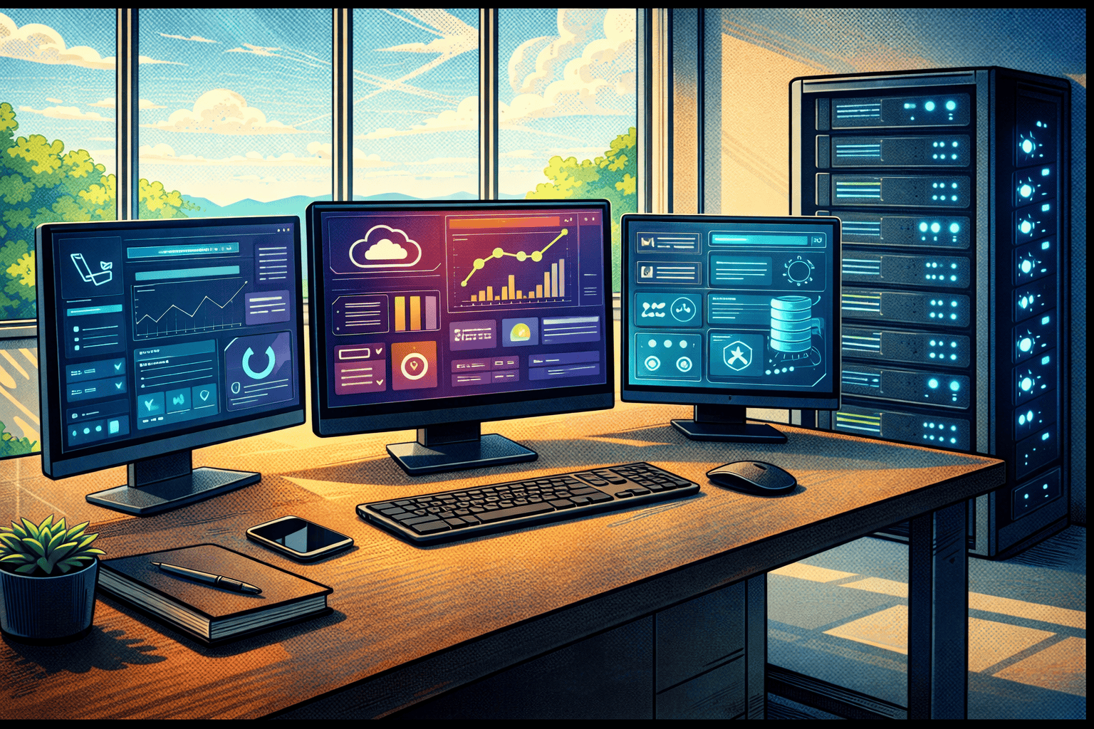 Create an image of a vibrant, modern workspace environment filled with various technological gadgets indicative of SaaS development—a high-tech computer with multiple screens, a sleek, futuristic server rack glowing with soft blue lights, and a dynamic digital dashboard displaying real-time data. The setting should be well-lit with natural light coming from large windows depicting a clear sunny day outside, suggesting a positive, energetic atmosphere. Ensure the room looks sleek and minimalist, emphasizing efficiency and innovation. The art style should reflect an old comic book aesthetic with bold line work and a slight graininess typical of vintage prints, but with bright, cheerful colors enhancing the upbeat mood of the setting. No characters, text, or humans should be present in the image.