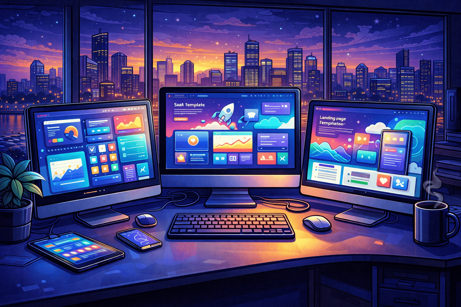 An image of a sleek, modern office desk with a high-tech, minimalist design, set against a large panoramic window overlooking a futuristic cityscape at dusk. The scene should capture the glowing screens of three computer monitors showcasing vibrant, stylish SaaS website templates. The office is illuminated softly by ambient blue and purple lighting that reflects a sense of innovation and creativity. The art style is cartoon/old comic book with a positive mood, detailed in a way that conveys a professional yet inviting atmosphere, avoiding any characters, text, or human elements.